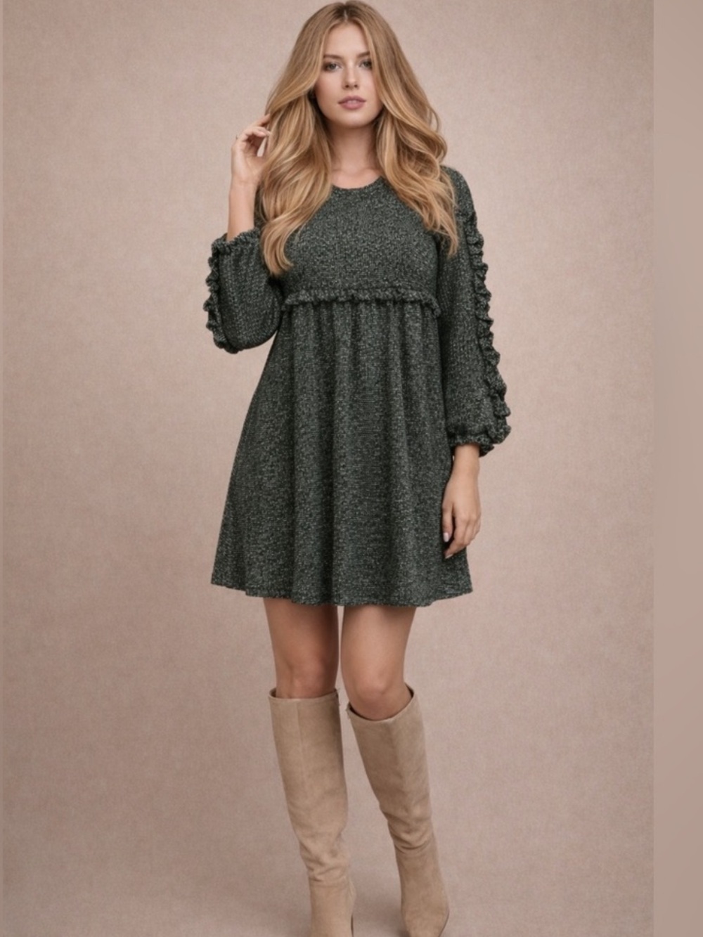 Ro & De Textured Green Long Sleeve Dress